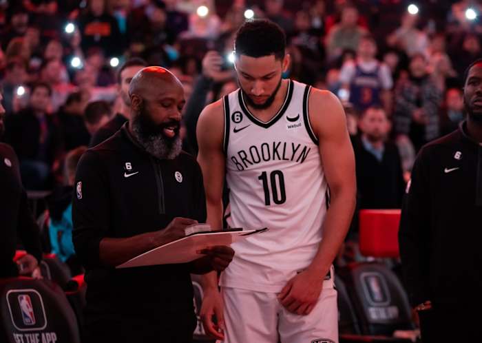 Brooklyn Nets head coach Jacque Vaughn with guard Ben Simmons